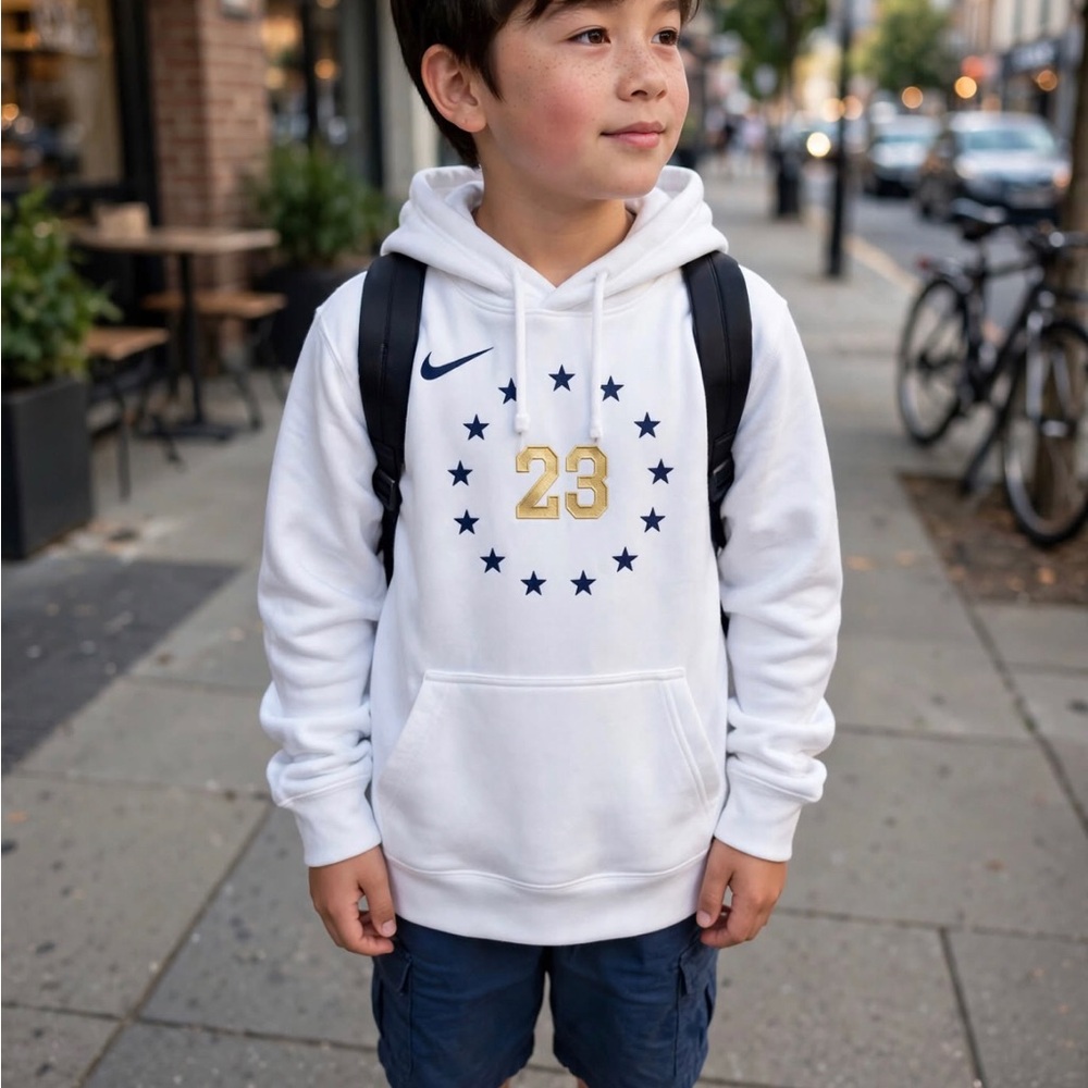 Nike White Hoodie with Gold '23 and Navy Star Circle
